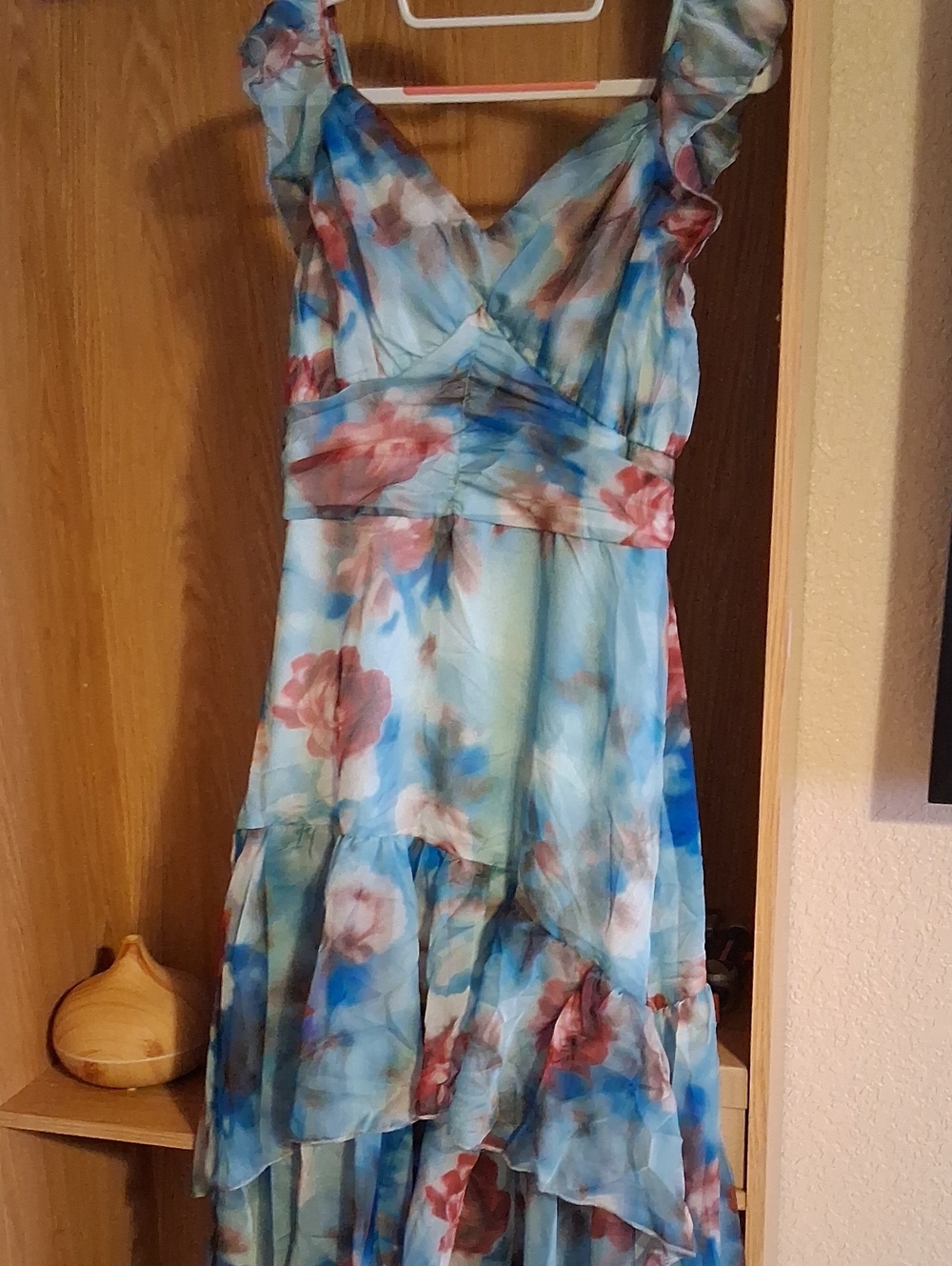 SHEIN Blue and Pink Floral Asymmetrical Maxi Dress